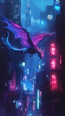 Poster - capture dynamic scene of a dragonwoman with magenta and bluepurple hair flying high above a dystopia