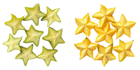 Poster - Freshly cut starfruit showcasing vibrant yellow and green colors arranged neatly on a white background