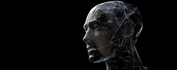 Poster - Abstract 3D Wireframe Human Head Sculpture, Futuristic Design, Digital Art, Black Background, Conceptual Representation of Technology and Humanity, copy space for text