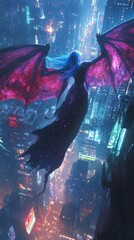 Poster - Capture dynamic scene of a dragonwoman with magenta and bluepurple hair flying high above a dystopian city her shimmering scales reflecting the blue and purple glow of neon lights in the dark