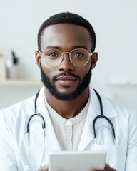 Poster - Telemedicine Insight Empathetic Black Doctor with Tablet in Minimalist Office - Digital Health Solutions for Modern Medical Practices