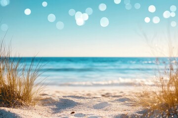 Fototapete - Scenic coastal landscape featuring golden sand and serene blue ocean during sunset near grassy shore. Generative AI