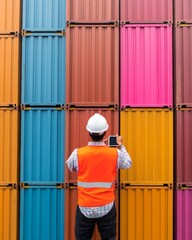 Fototapete - Dynamic Port Operations South Asian Male Worker in Vibrant Safety Gear with Tablet at Colorful Container Yard - Efficiency and Innovation in Global Shipping Environments