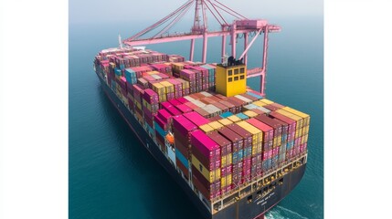 Poster - Vibrant Cargo Aesthetic Colorful Shipping Containers Stacked on Modern Cargo Ship - Industrial Transport Visuals for Global Trade and Sustainable Logistics Marketing
