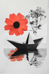 Poster - Minimalist collage showcasing a paper boat and vibrant flowers on a serene water surface