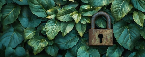 Poster - Rusty padlock on lush green leaves symbolizing security and nature's resilience, copy space for text