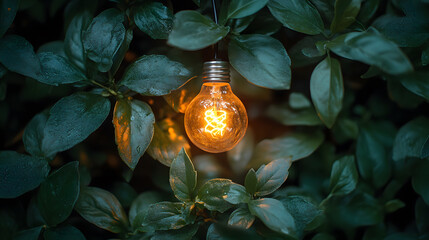 Poster - A glowing light bulb hangs among lush green leaves, creating a captivating contrast between nature and illumination