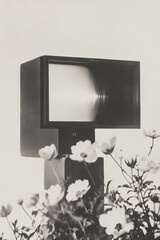 Poster - Minimalist collage featuring geometric shapes and flowers with a vintage enlarger