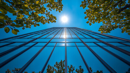 Poster - A towering glass building stretches upward under a bright sun, framed by lush green leaves against a vibrant blue sky
