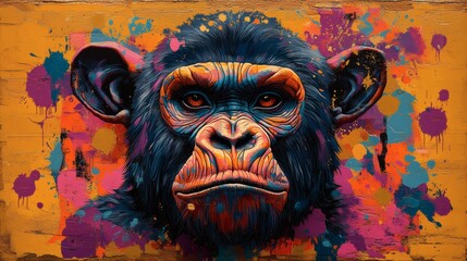Poster - capture psychedelic gorilla with exaggerated large ears in a colorful environment surrounded by spla