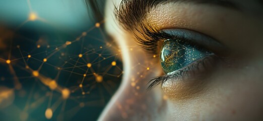 Poster - Human eye with digital network connections, showcasing technology and innovation in vision, close-up of iris reflecting data and connectivity, copy space for text