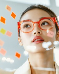 Leinwandbilder - Vibrant Startup Collaboration Young Asian Female Professional with Red Frames in Modern Office, Surrounded by Colorful Sticky Notes - Enhancing Team Dynamics and Innovative Business Solutions