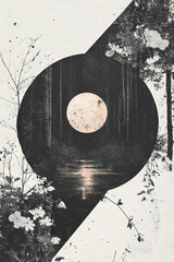 Poster - Collage featuring geometric shapes and flowers with a glowing orb in a dark forest