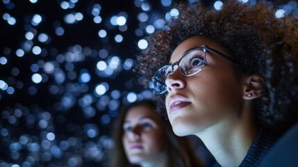 Aufkleber - Illuminated Zodiac Brainstorm Diverse Entrepreneurs in Modern Coworking Space - Cosmic Inspiration for Innovative Business Growth and Contemporary Marketing Strategy