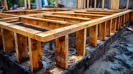 Poster - a close-up of a wooden frame structure under construction, showcasing the foundational support and c