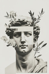 Poster - Minimalist collage featuring a statue with floral elements and geometric shapes