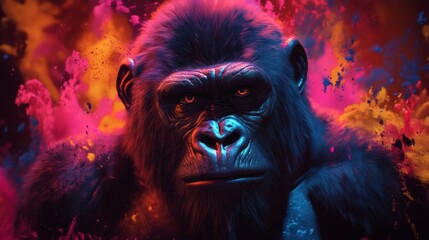 Poster - Capture psychedelic Gorilla with exaggerated large ears in a colorful environment surrounded by splashes of paint and intricate fractal patterns with a mesmerizing mandala background