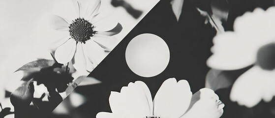 Poster - Minimalist collage showcasing geometric shapes and floral elements with lens flare effect