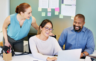 Aufkleber - Teamwork, business people and laughing with laptop in office, tax research and report for bookkeeping. Collaboration, employees and accountant with digital for statement review, corporate and revenue