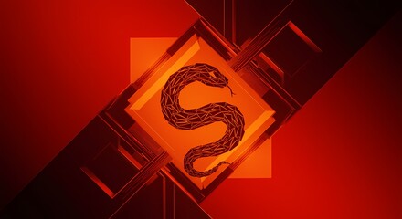 Abstract Low Poly Snake in Geometric Red Orange Frame Digital Art Tech Background