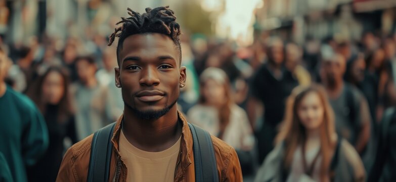 Young man with dreadlocks standing confidently in a bustling urban street filled with diverse crowd, showcasing vibrant city life and cultural diversity, copy space for text