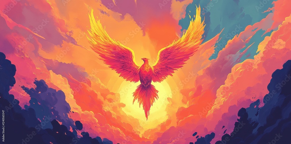 Fiery Phoenix Soaring Through Sunset Cloudscape Stock Illustration ...