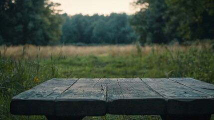 Aufkleber - A rustic wooden bench rests in a lush meadow, framed by tall grass and trees, inviting quiet contemplation during the golden hour of dusk