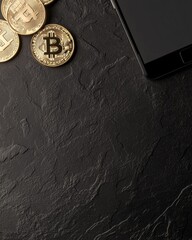Poster - Sleek Cryptocurrency Setup Black Laptop and Smartphone with Gold Coins on Textured Matte Surface - Fintech Innovation and Digital Investment Tools for Modern Business