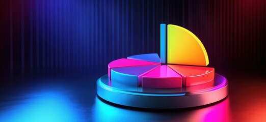 Poster - Colorful 3D pie chart with vibrant segments and glowing base, showcasing data visualization and modern design aesthetics, copy space for text