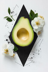 Poster - Minimalist collage featuring geometric shapes and avocado half on white background
