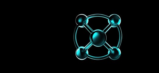 Poster - 3D Molecular Structure Representation with Central Atom and Surrounding Atoms in Blue and Black Background, copy space for text