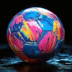 Poster - Capture vivid impressionist rendering of a soccer ball created with colorful liquid paint splashes placed against a deep black background illuminated by soft lighting for dramatic effect