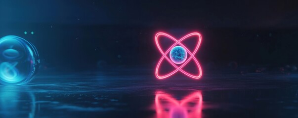 Poster - Atomic structure representation with glowing atom symbol and blue sphere, futuristic digital art, copy space for text