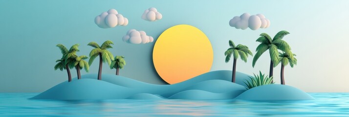 Poster - Tropical paradise with soft waves, palm trees, and a vibrant sun on the horizon. Generative AI