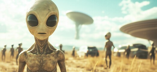 Poster - Alien beings in desert landscape with UFOs and futuristic vehicles, showcasing extraterrestrial life and advanced technology, copy space for text