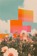 Poster - Minimalist collage of geometric shapes and flowers with a pixelated rainbow effect