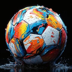 Poster - Capture vivid impressionist rendering of a soccer ball created with colorful liquid paint splashes placed against a deep black background illuminated by soft lighting for dramatic effect
