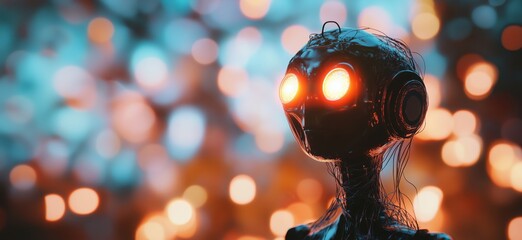 Poster - Futuristic robot with glowing eyes amidst vibrant bokeh background, showcasing advanced technology and artistic design, copy space for text