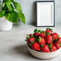 Poster - Fresh strawberries in bowl with green plant and empty frame on table, vibrant red berries, healthy snack, natural decor, copy space for text