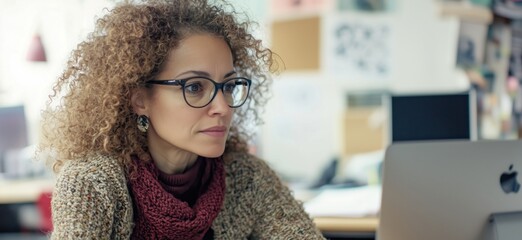 Poster - Focused woman with curly hair working on laptop in creative workspace, wearing glasses and cozy sweater, engaged in digital tasks, copy space for text