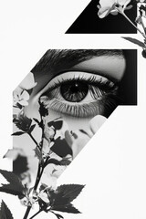 Poster - Minimalist collage featuring geometric shapes and a statue's eyes with floral accents
