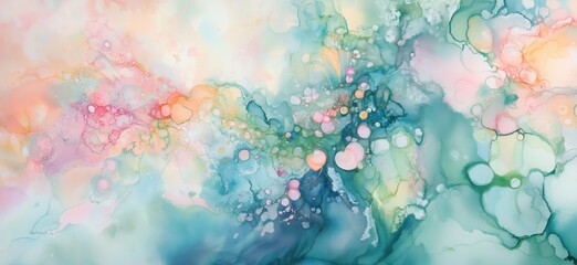 Poster - Abstract watercolor art with vibrant colors and fluid shapes, featuring soft pinks, blues, and greens blending harmoniously, copy space for text