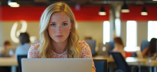 Poster - Focused young woman working on laptop in modern office environment, bright lighting, collaborative workspace, concentration, technology use, copy space for text