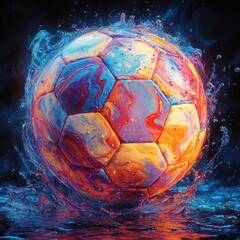 Poster - Capture vivid impressionist rendering of a soccer ball created with colorful liquid paint splashes placed against a deep black background illuminated by soft lighting for dramatic effect