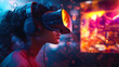 © Alina Tymofieieva - Virtual reality experience in a vibrant gaming environment during evening hours