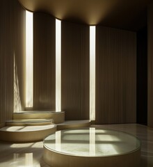 Poster - Modern minimalist interior design featuring elegant circular platforms and soft natural light streaming through vertical slits, copy space for text
