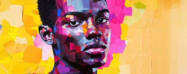 Poster - Vibrant portrait of young man with colorful abstract background showcasing bold colors and artistic expression, copy space for text