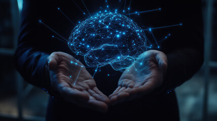 Poster - Futuristic representation of a human brain held in hands with glowing connections showcasing advanced technology and innovation