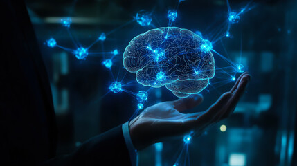 Poster - Futuristic representation of a human brain held in hands with glowing connections showcasing advanced technology and innovation