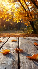 Poster - Sunlight filters through trees, casting a golden glow on fallen leaves spread across a weathered wooden deck. Autumn's beauty captivates the serene landscape